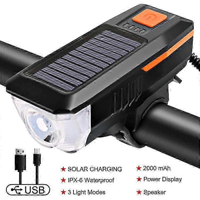 Bisiklet Işık Güneş USB Şarj Edilebilir Lamba Elektronik Korna ile Bisiklet Fener 3 Modlu Bisiklet Başlığı