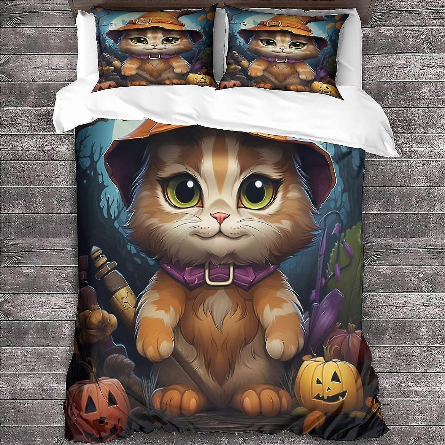 Suitable for Cat Duvet Cover Set Halloween Bedding Set 3 Pieces, Soft Microfiber 3D Animal Pattern Quilt Cover with Pillow Cases