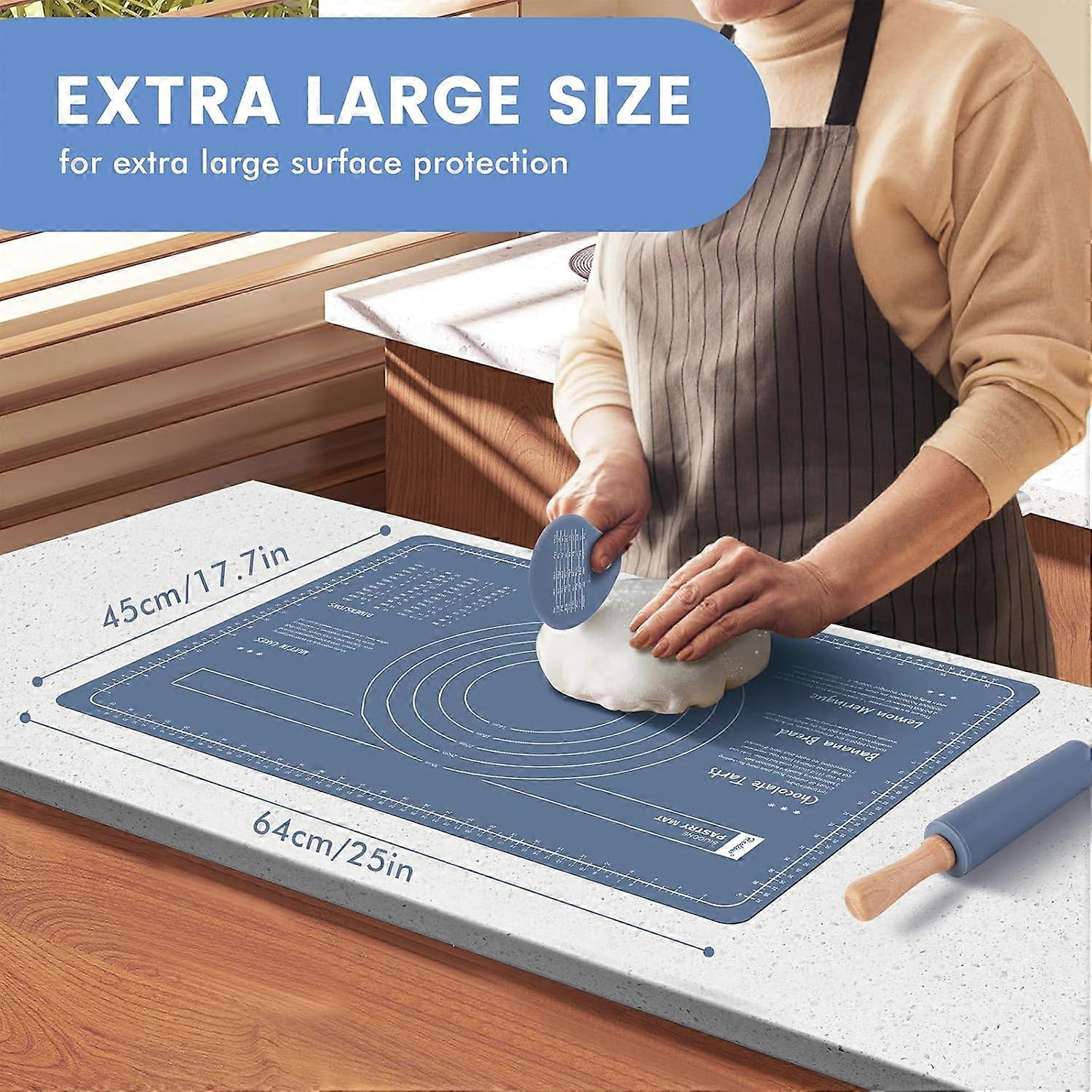 Silicone baking mat set with dough scraper, non-stick silicone rolling pin, wooden handle (blue) 60L x 40W cm