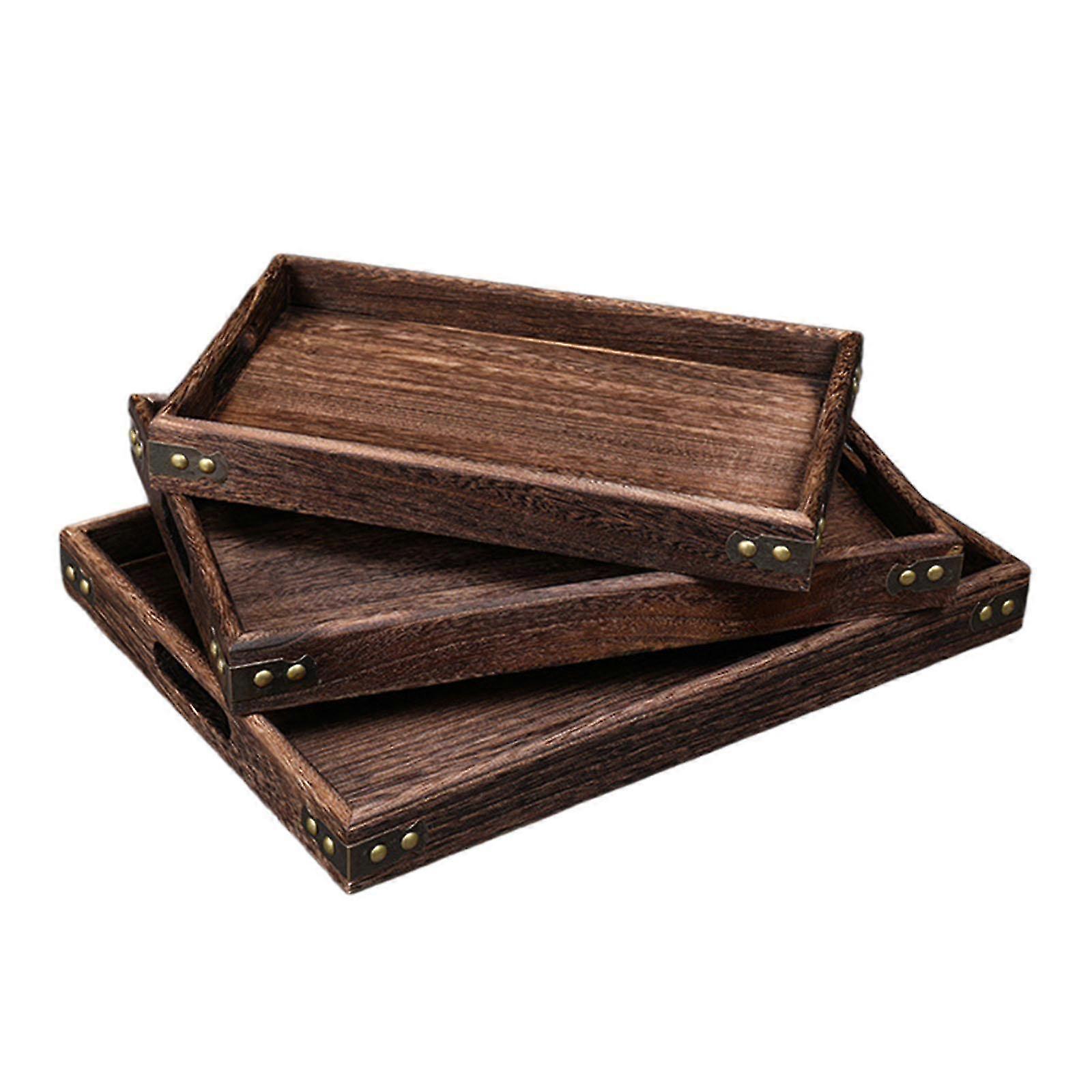 3-Piece Wooden Serving Tray Set with Rectangular Platters for Kitchen, Dining Table & Cabinet Storage