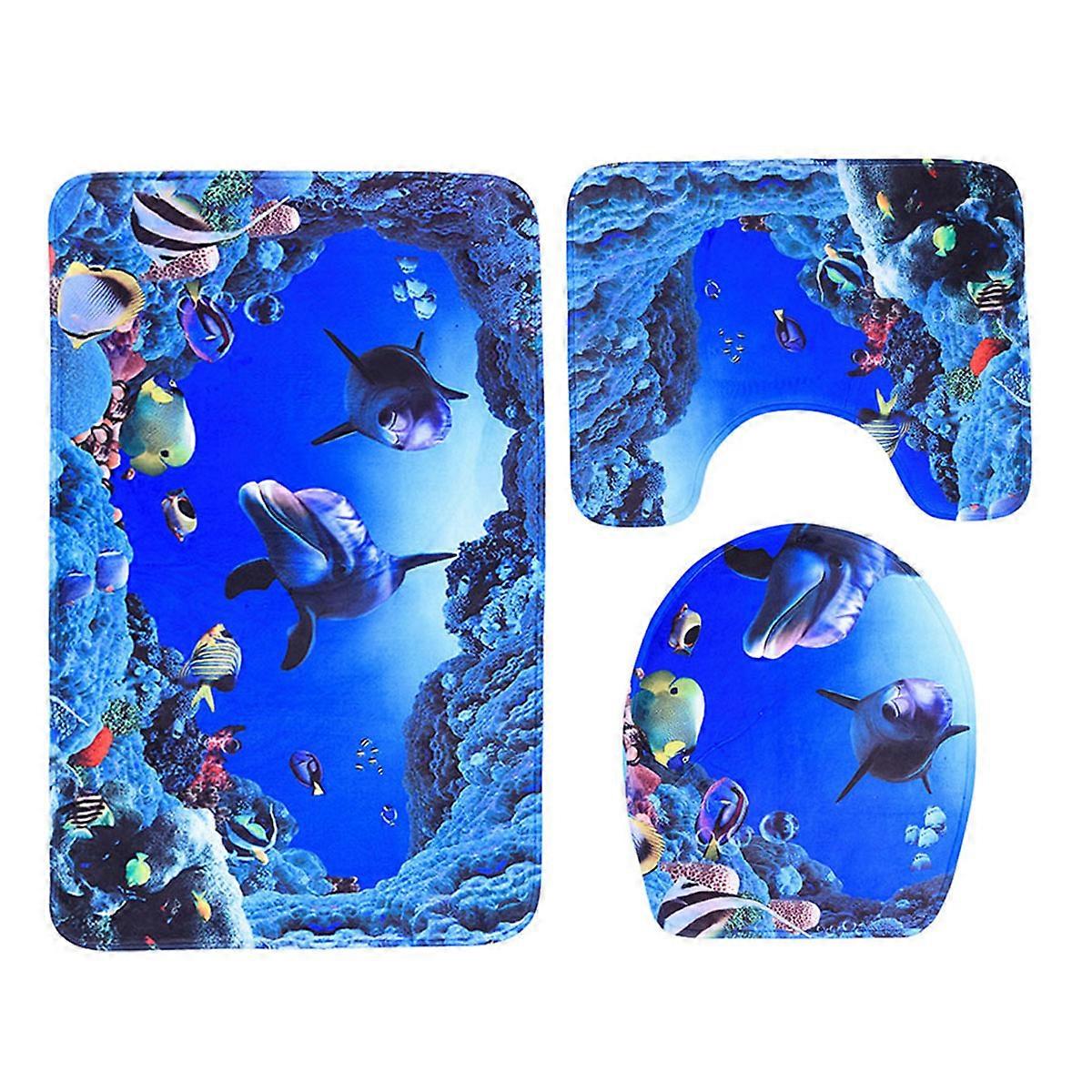 Toilet Cover Set Marine Animal Rug Blue Color Polyester Material U Shape 3Pcs