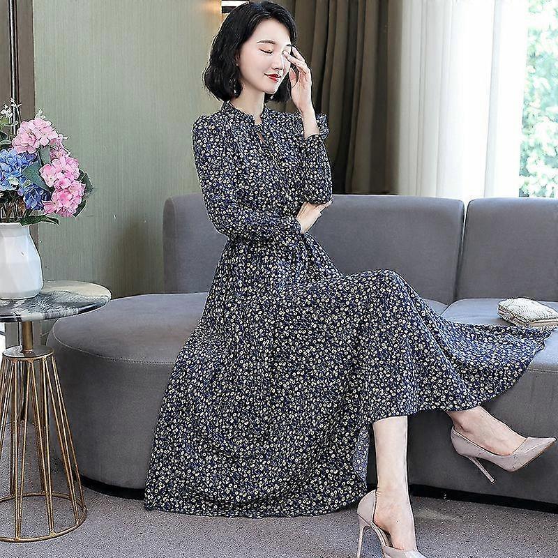 Fashionable and Elegant Long-Sleeved Chiffon Dress with Floral Print and Waist-Shaping Design for Plus Size Women In Autumn