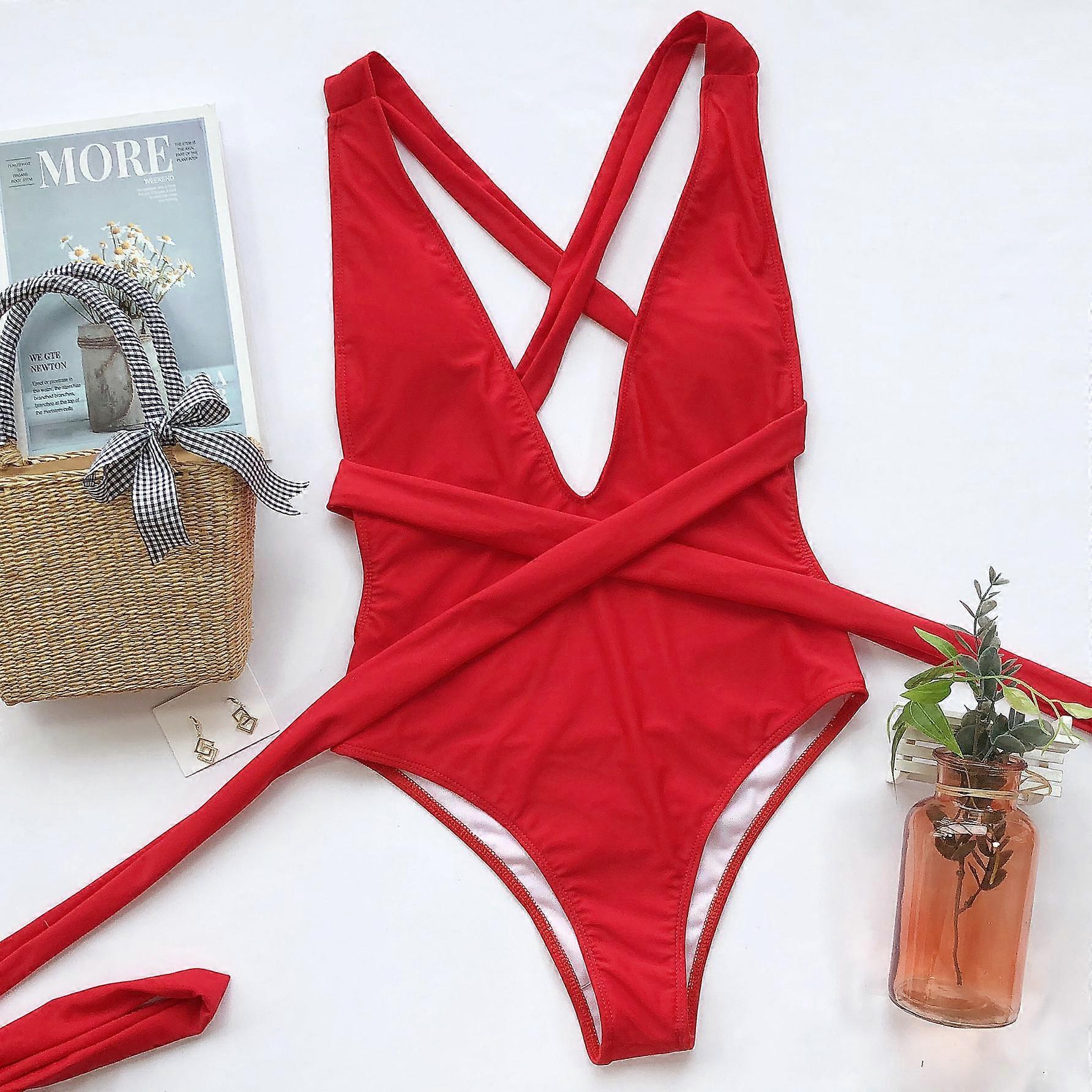 Sexy Deep V Neck Swimwear Backless Bandage One Piece Swimsuit Monokini Badpak Bathing Suit
