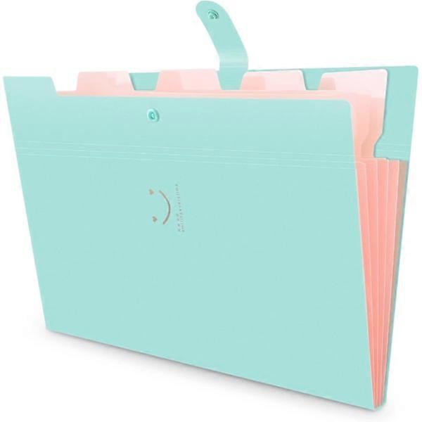 Expanding file folder 5 compartments, A4 paper accordion file organizer (green).