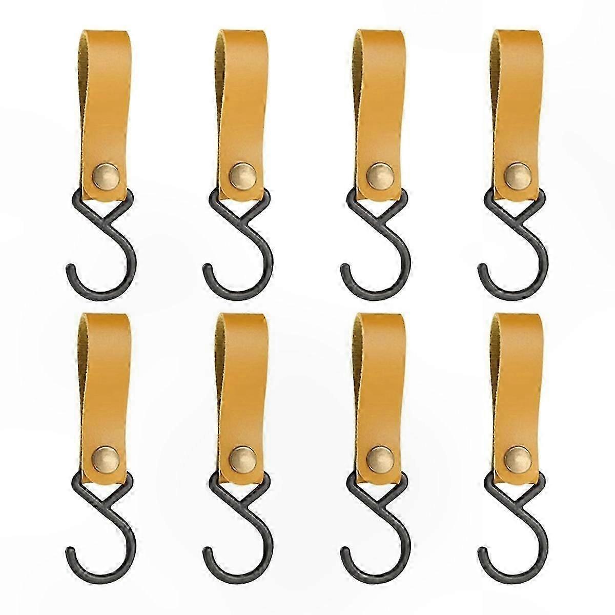 8 Pieces S-Shaped Hooks, Leather Coat Hooks for Hanging, Camping Hanger Hooks (Light Brown)