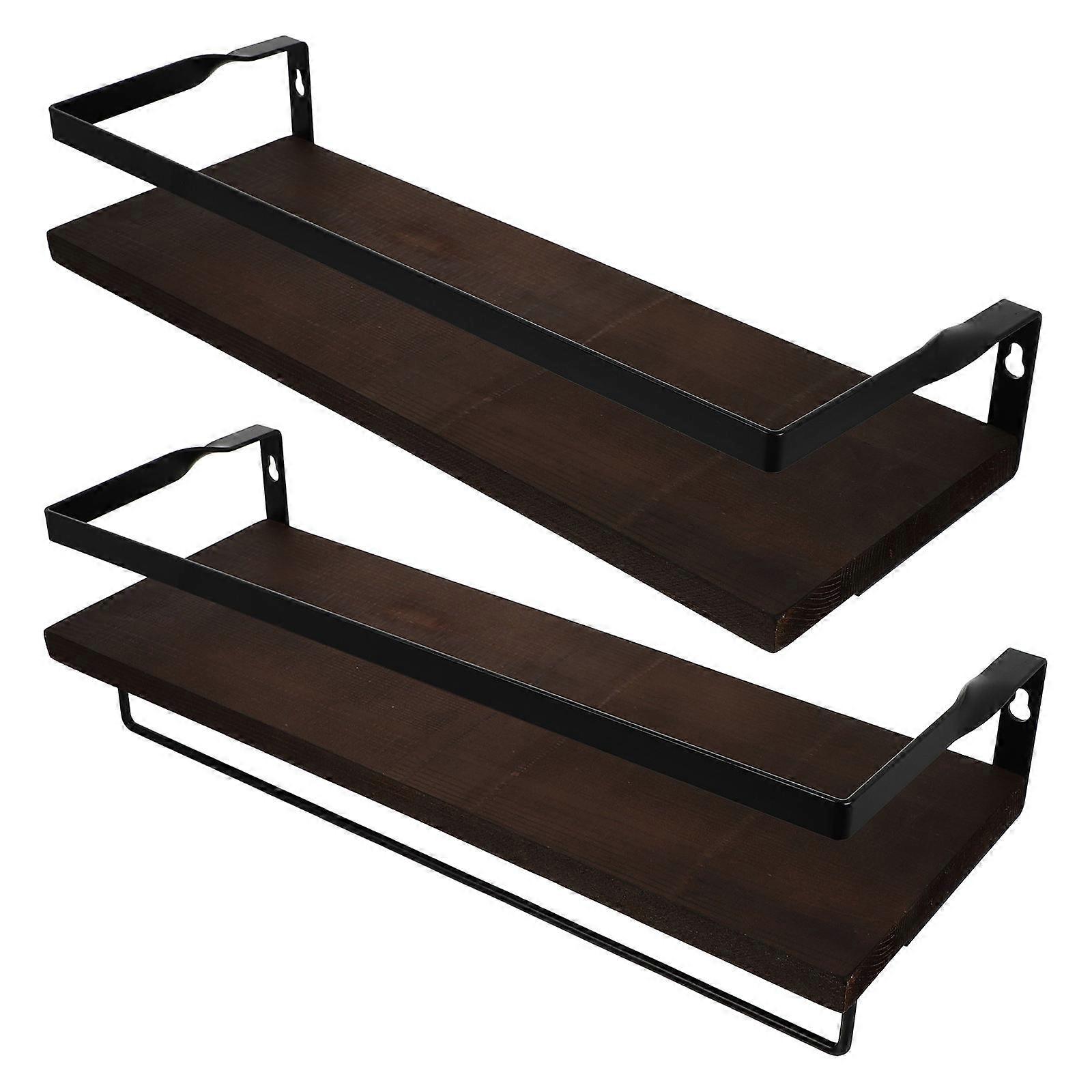 Bathroom Wall Storage Shelves for Home Organization Dark Brown Iron Wood Rectangular Storage 1Set