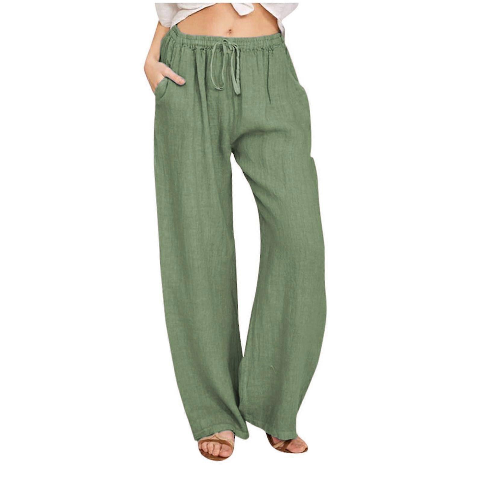 Wide Trousers for Women - Casual Green Linen Drawstring Pants, Elastic Waist, Solid Cotton, Size M