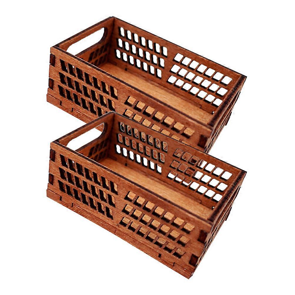 2pcs Mini Wooden Dollhouse Storage Bins, Rustic Tiny Baskets for Miniature Scene Decoration, Hollow Sided Crates for Dollhouse Layout