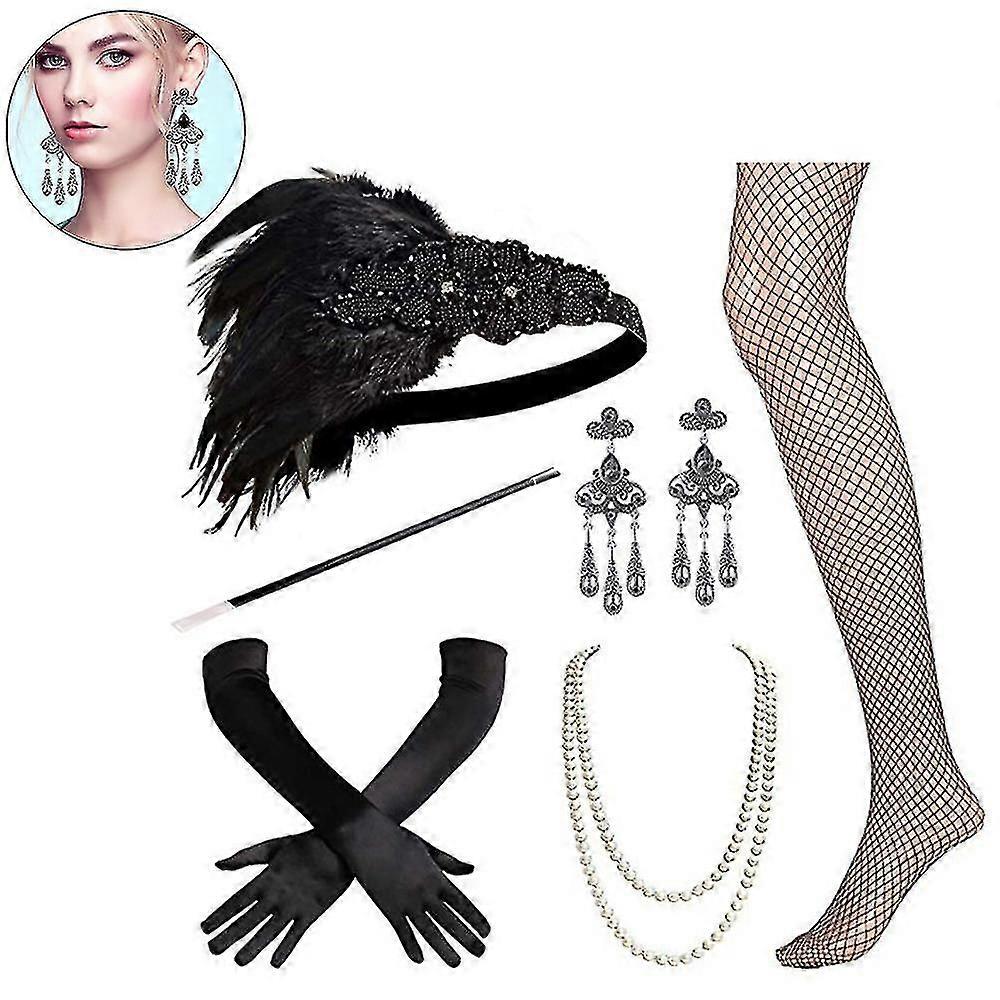 1920s Accessoires Set Flapper Headband, boucles d’oreilles, collier de perles, gants