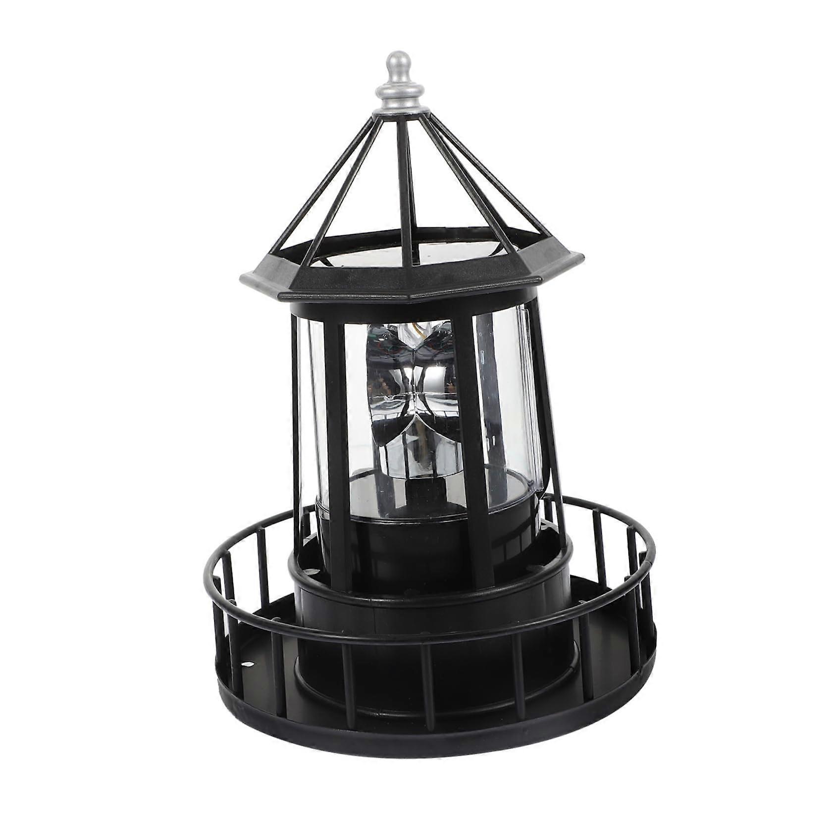 LED Solar Revolving Landscape Lamp Rotatable Garden Patio Post Light Black Resin Decorative Lighthouse Design