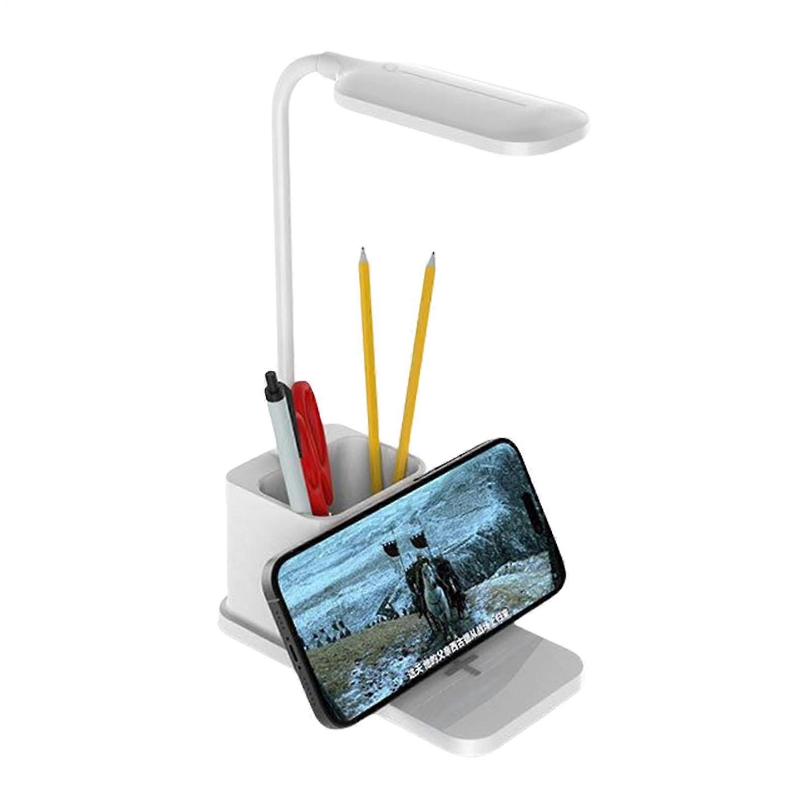 LED Desk Lamp With Wireless Charger And Pen Holder, Phone Holder, Adjustable Brightness, EyeCaring Reading Light, White