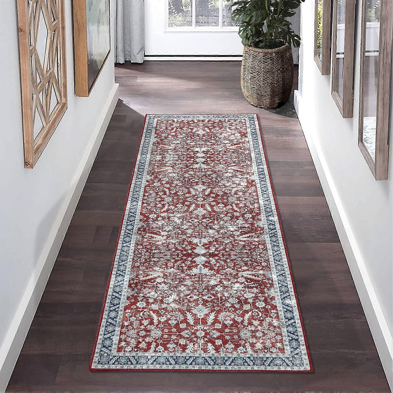 Haperlare Runner Rug 2' x 6', Blue, Compatible with Persian Entryway, Washable Low Pile Non-Slip Distressed Mat for Indoor Use