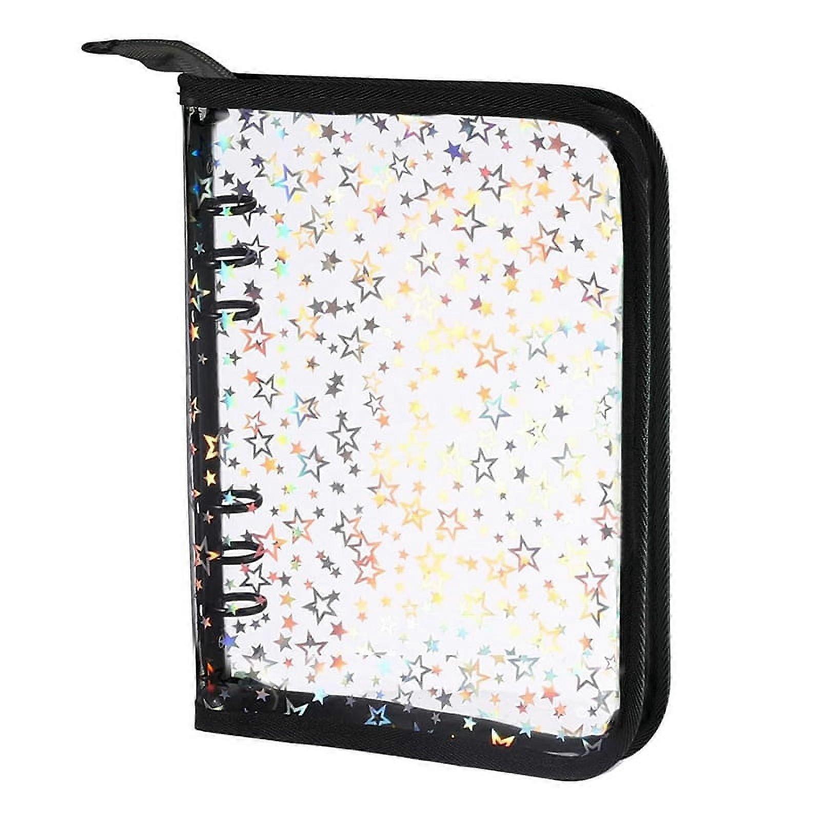 A5 Budget Binder Cover with Zipper, Glitter Stars 6 Ring Planner, Clear PVC Refillable Notebook Shell Black