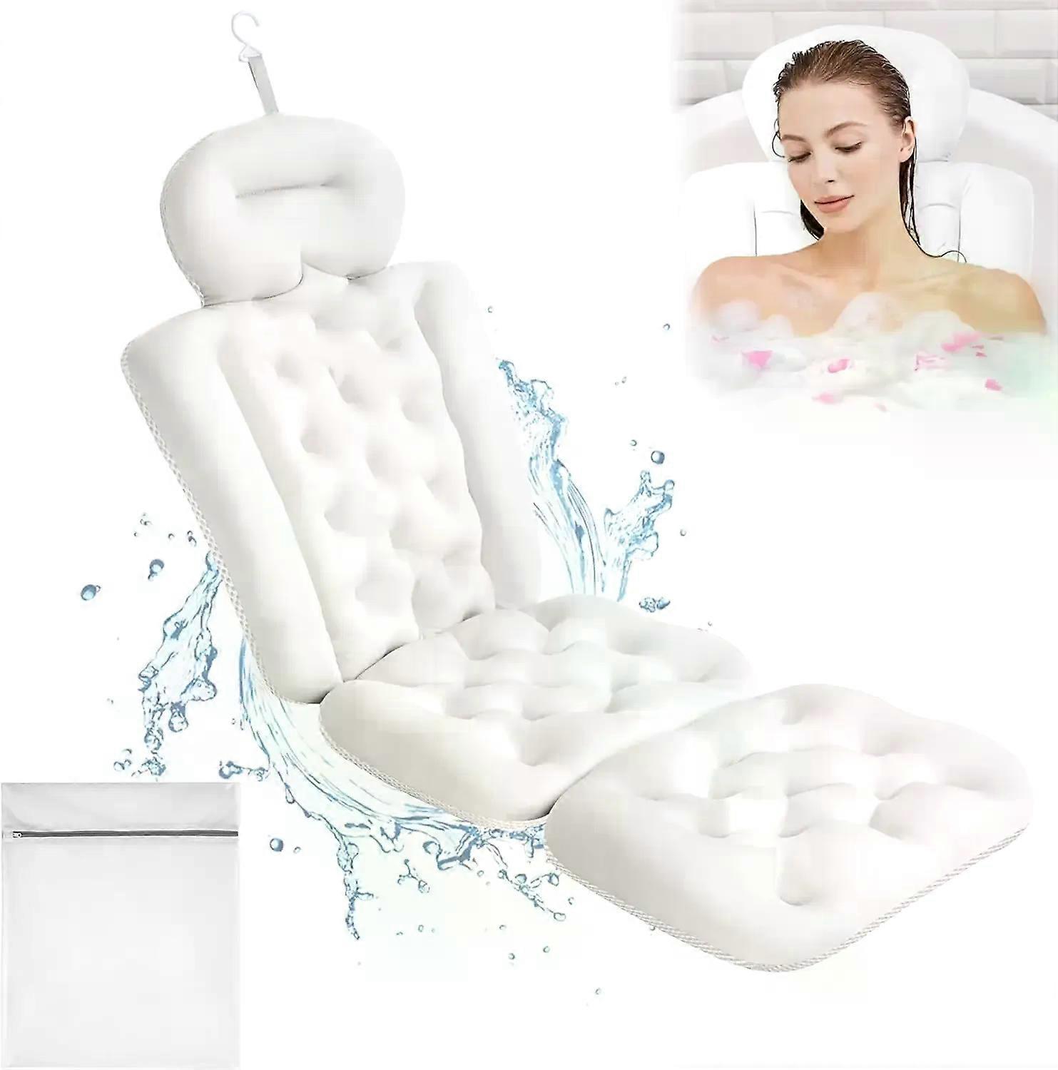 Luxury Full Body Bath Pillow for Bathtub Shower Cushion with Mesh Laundry Bag Non-Slip Suction Cups Bathtub Mat White