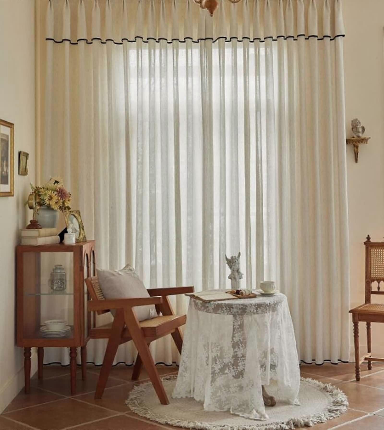 45 Inch Sheer Curtains 2Panel Set, Beige Linen Look Privacy Curtains, Grommet Valance, 96x115cm (38x45in), Polyester