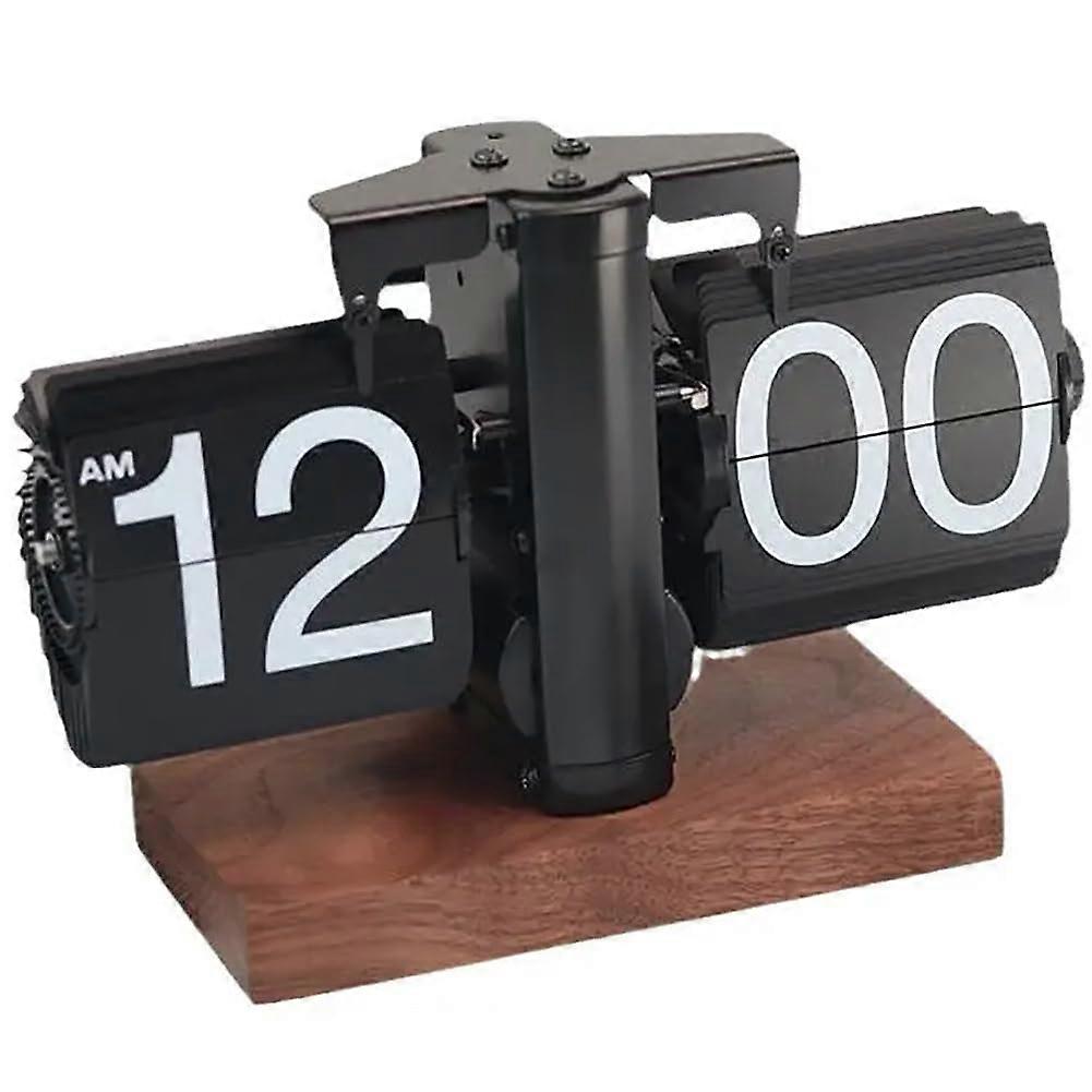 Digital Flip Down Clock Internal Gear Page Turning Clock Walnut Base Retro Design Battery Powered Digital Display