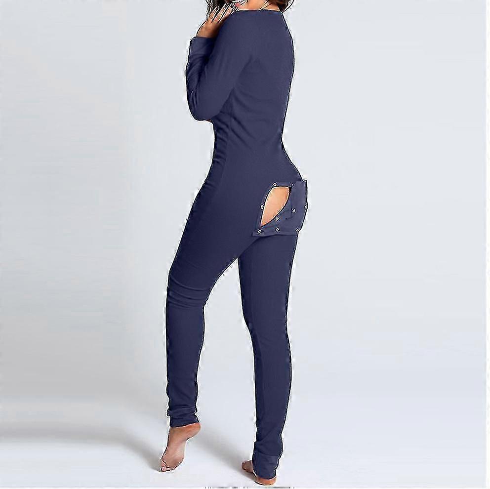 women's onesie with butt flap and button-down back