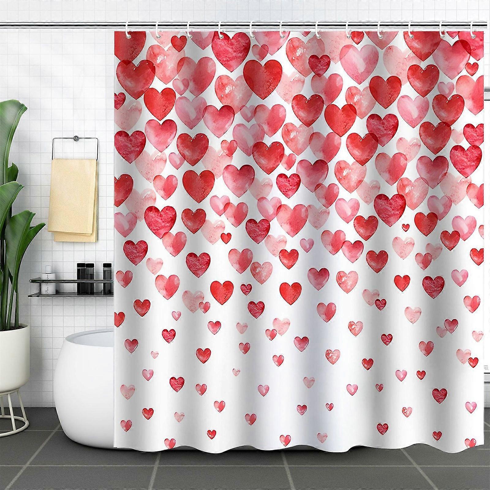 Valentine's Day Shower Curtain, Red Loving Hearts with Cute Set - Fabric & Hooks Included, Compatible with Standard Showers