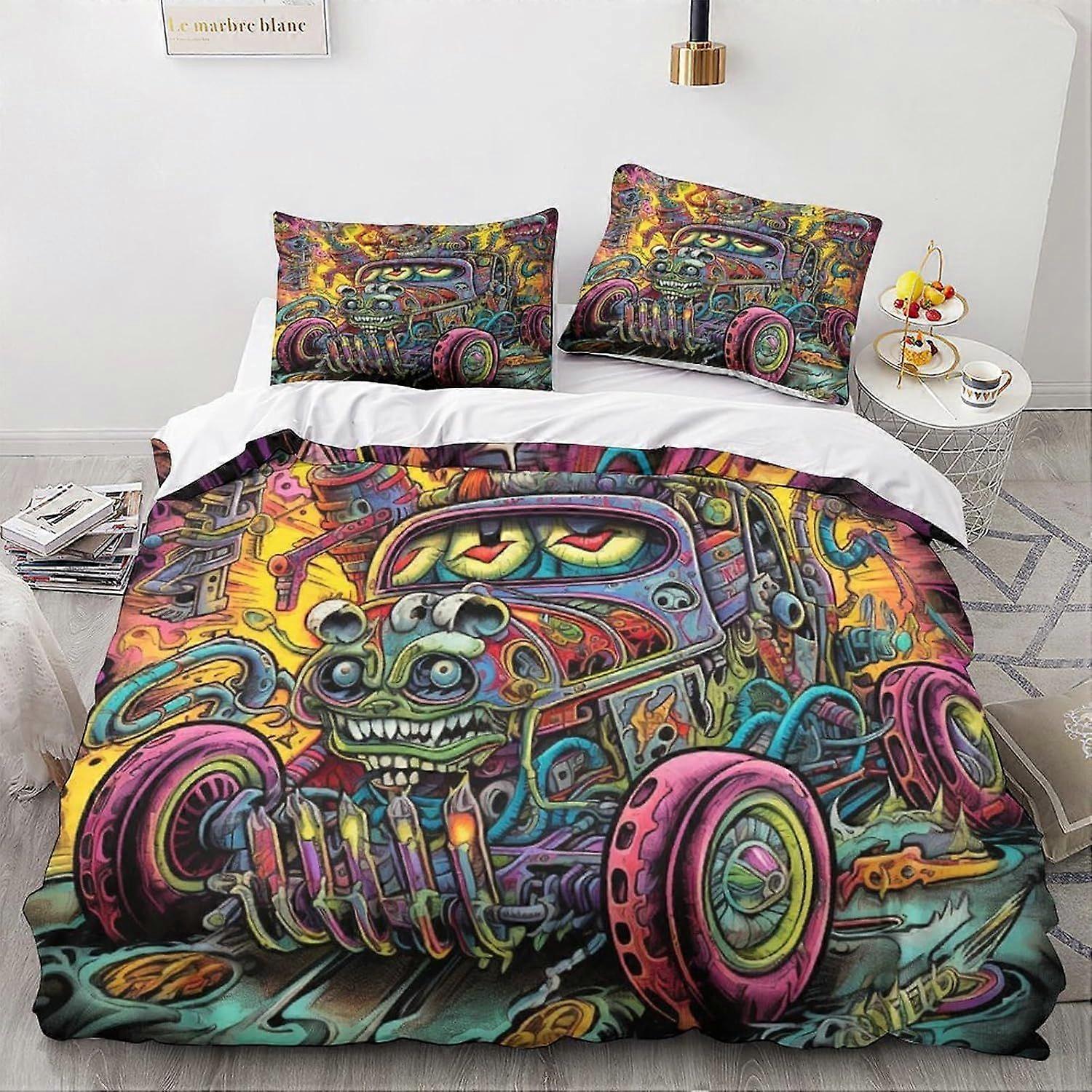LikeEj monstros edredom capa set carro vintage impresso roupa de cama conjunto cartoon edredom capa com travesseiro shams microfibra colcha capa zíper 3 pcs duplo
