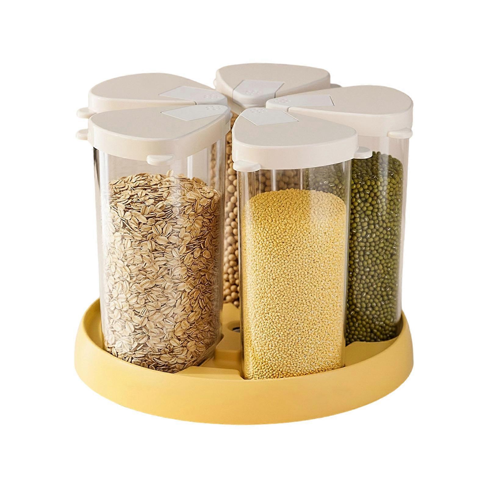 Rotating Kitchen Storage Container Multiple Section Design Clear Sealed Grains Bin For Flour Rice And Legumes  Creamy yellow