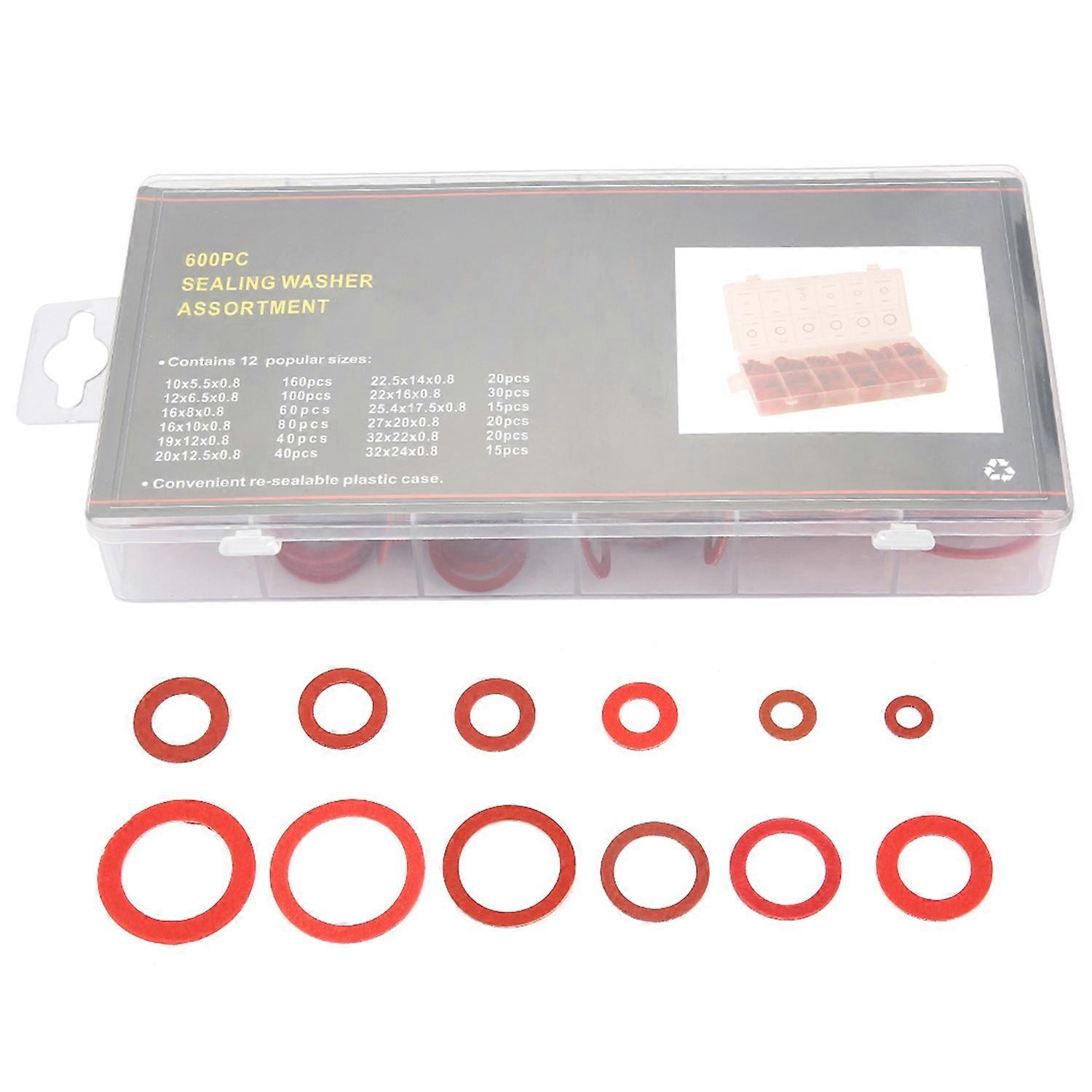 600pcs 12 Sizes Red Steel Paper Fiber Flat Washers Kit Insulation Washer Assorted Set with Box