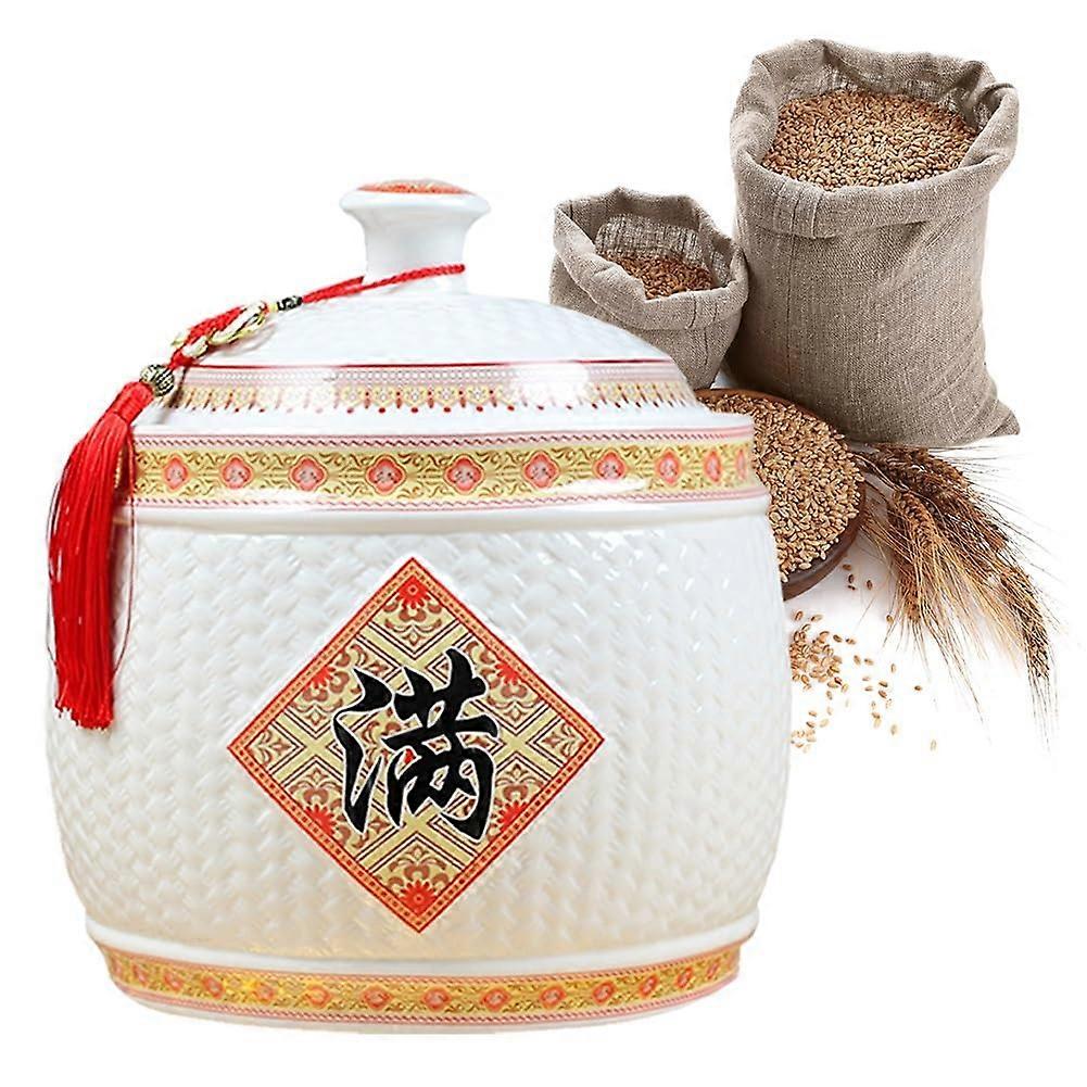 Ceramic Rice Storage Container 2.5KG Airtight Chinese Style Grain Jar with Lid for Kitchen