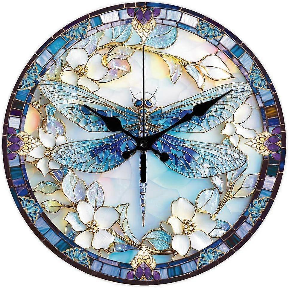Dragonfly Wall Clock Non-Ticking Clock 12 Inch Round Decorative Clocks Printed Wall Clocks for Home Office Decoration