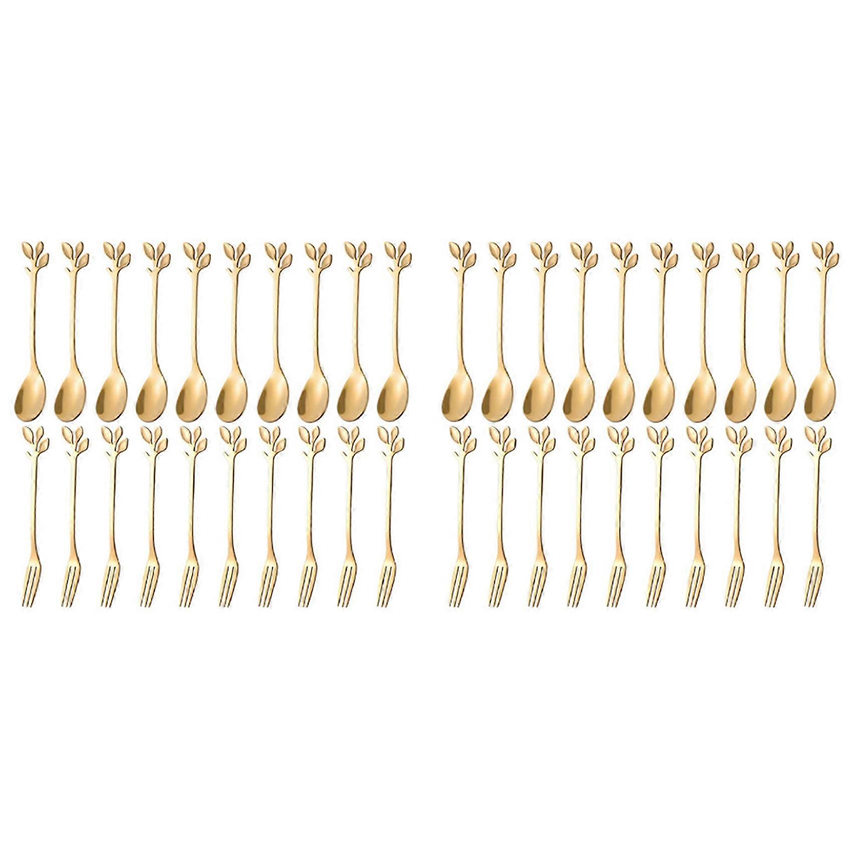 Dessert Spoon Fork Set,40 Pcs 4.7 Inch Cake Fork,Coffee Spoon,Creative Gold Leaf Fruit Fork,(10 Spoon + 10 Fork)