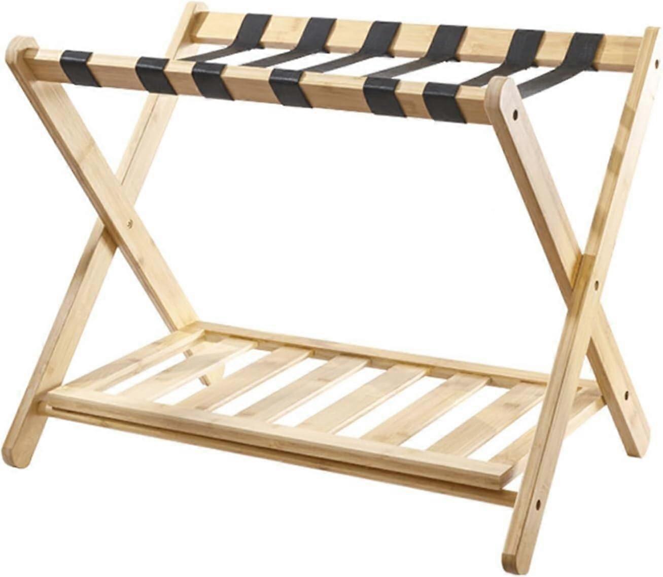 Bamboo Folding Luggage Rack with Bottom Shelf for Guest Room Storage
