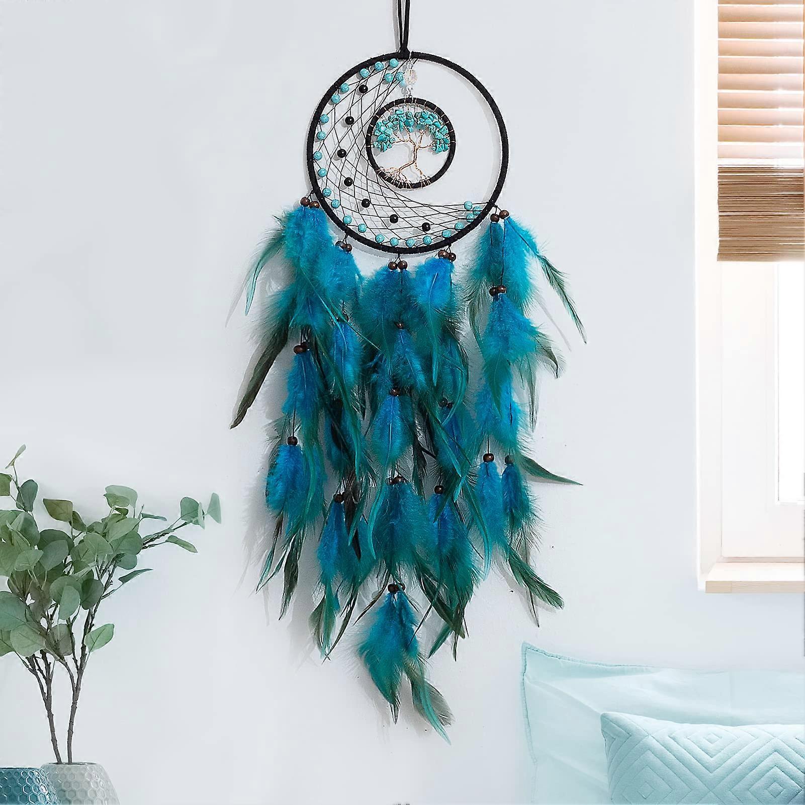 Tree of Life Dream Catcher with Turquoise Moon, Handmade Boho Wall Hanging with Feathers
