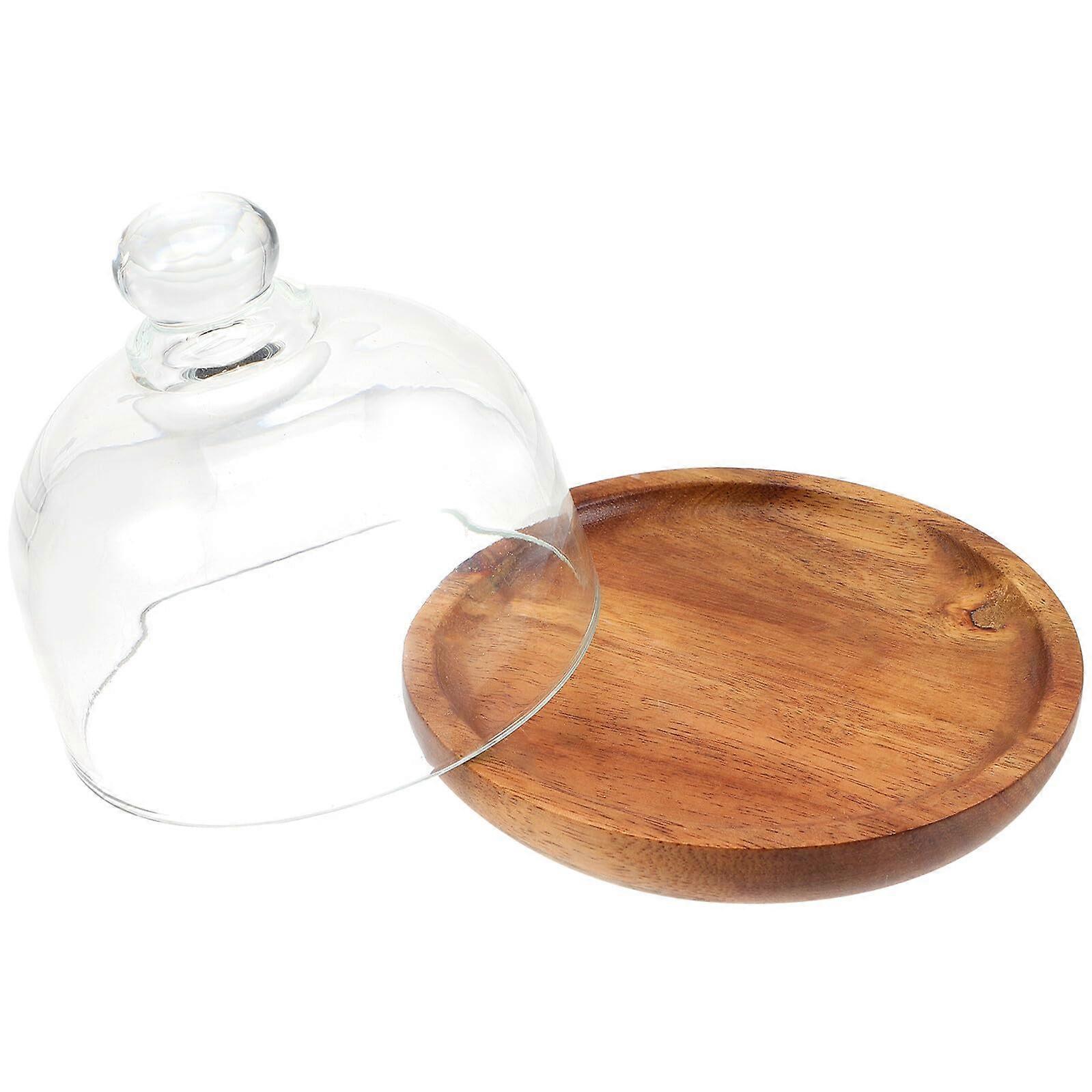Cake Stand with Glass Dome Acacia Wood Base Round Display Tray for Bakery Parties Keeps Food Fresh