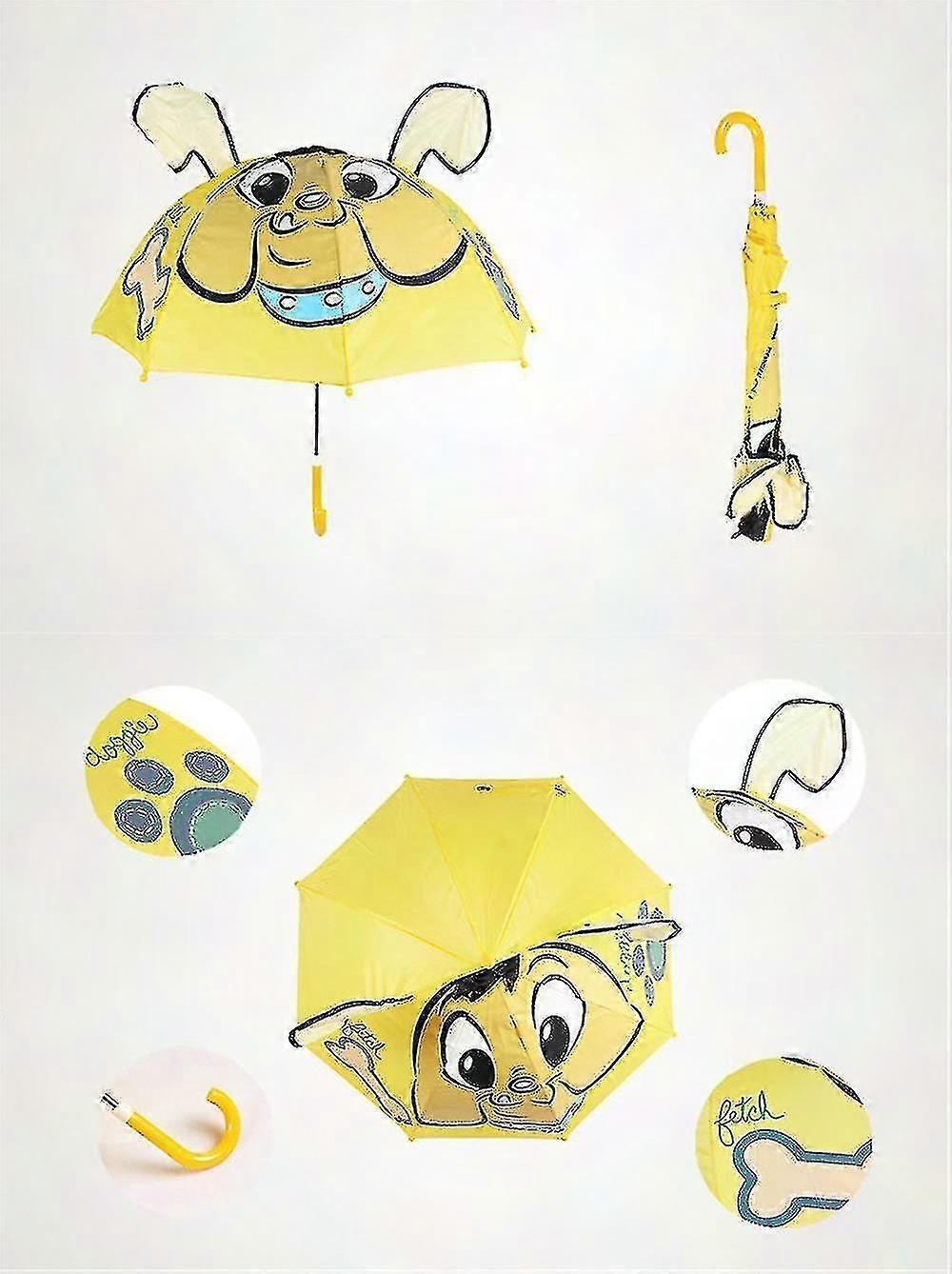Guarda-chuva infantil com orelhas de animais e cabo curvo.