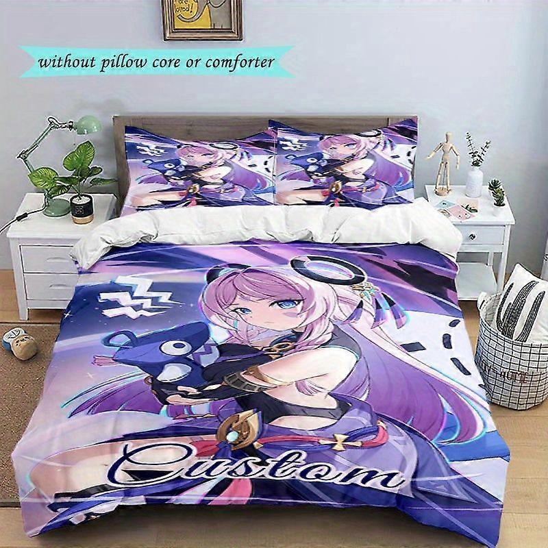 Custom Anime Character Bedding Set - Vibrant Purple  Blue Comfortable Polyester