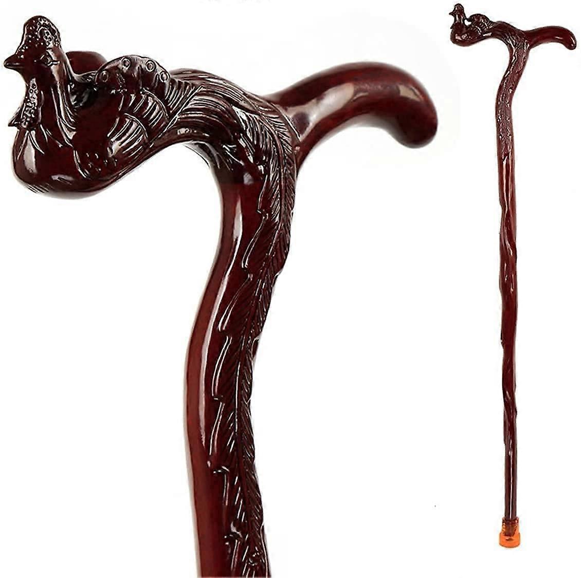 Wooden Walking Cane with Ergonomic Carved Phoenix Handle, Solid Rosewood for Elderly Mobility