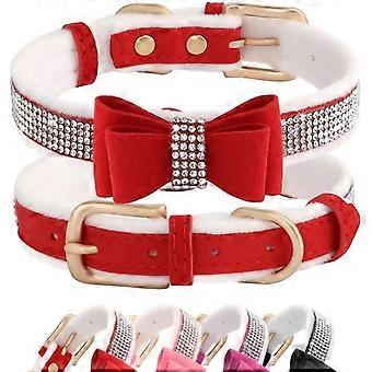 Warm Velvet Padded Rhinestone Dog Collar - Full Crystal Diamond Cute Girl Dog Collars with Bow Tie - Soft Suede Leather Cat Puppy Collars for Small Me