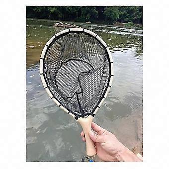 Nylon Fly Fishing Net with Wooden Non-Slip Bent Handle, Trout Landing Scoop for Catch and Release