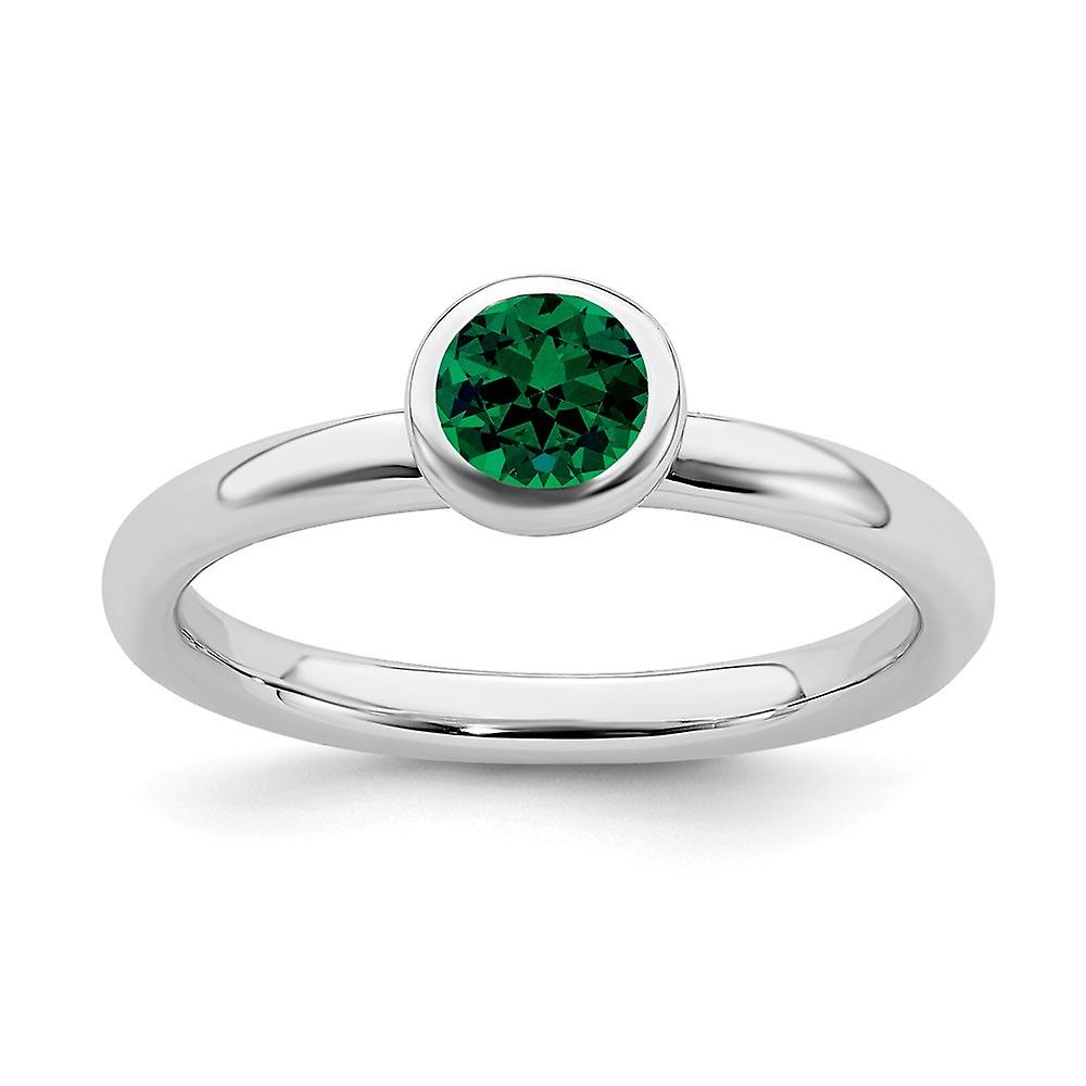 925 Sterling Silver Bezel Polished Stackable Low 5mm Round Cr. Emerald Ring-Stackable-Ring for Women - Ring Size: 5 to 1