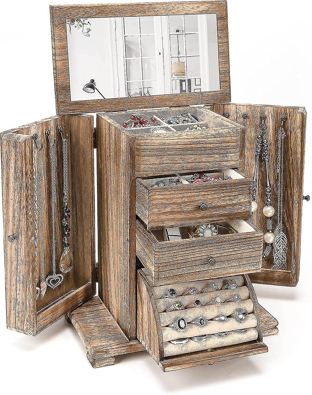 Ékszerdoboz kompatibilis női lányok, rusztikus fa nagy ékszerdobozok és rendszerezők tükörrel, 4 rétegű ékszerrendszerező doboz kompatibilis gyűrűk fül