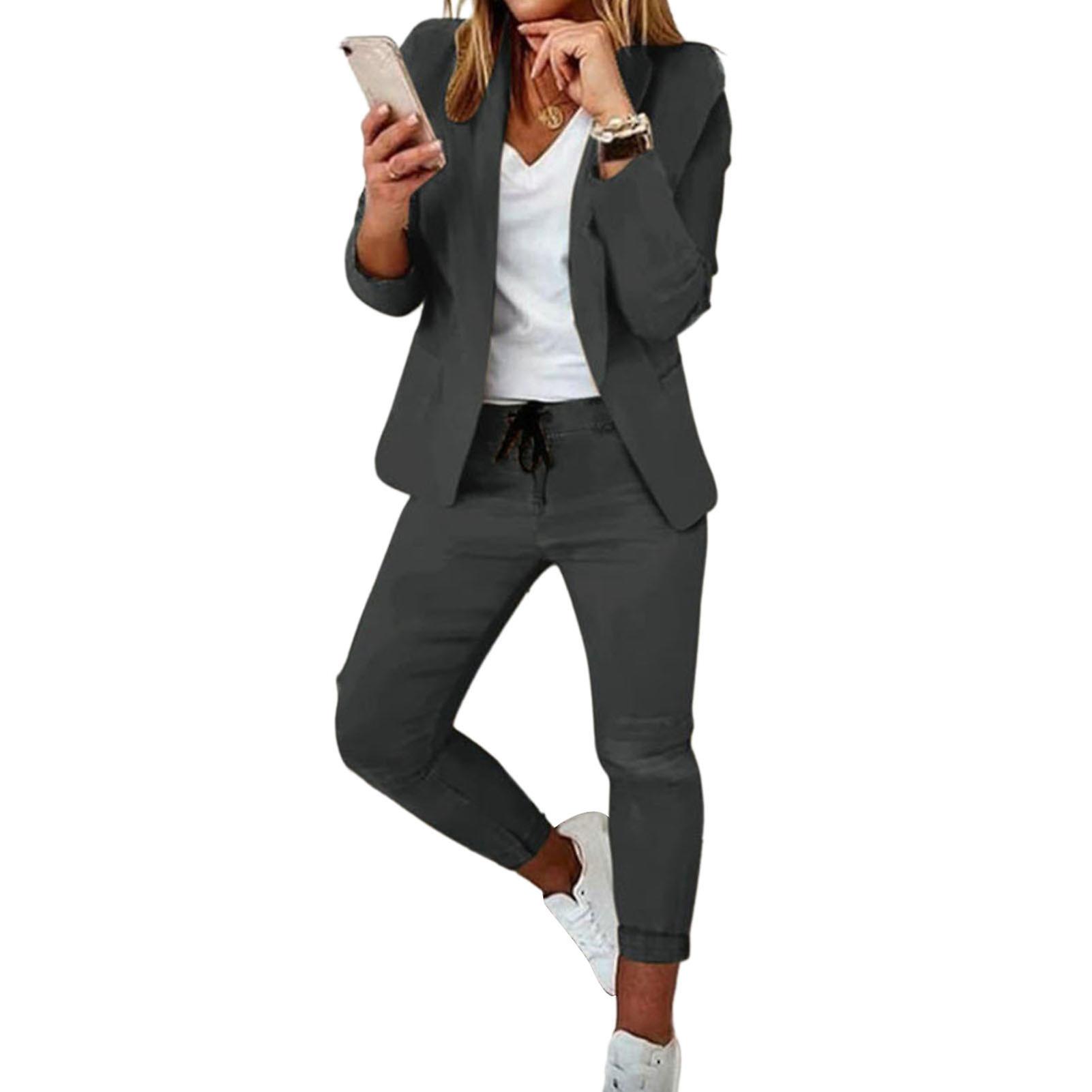 2 Adet / Takım Kadın Ceket Pantolon Seti İş Seti Uzun Kollu Düz Renk İpli Elastik Bel Yaka Slim Fit Pantolon Blazer Pantolon Takım Elbise