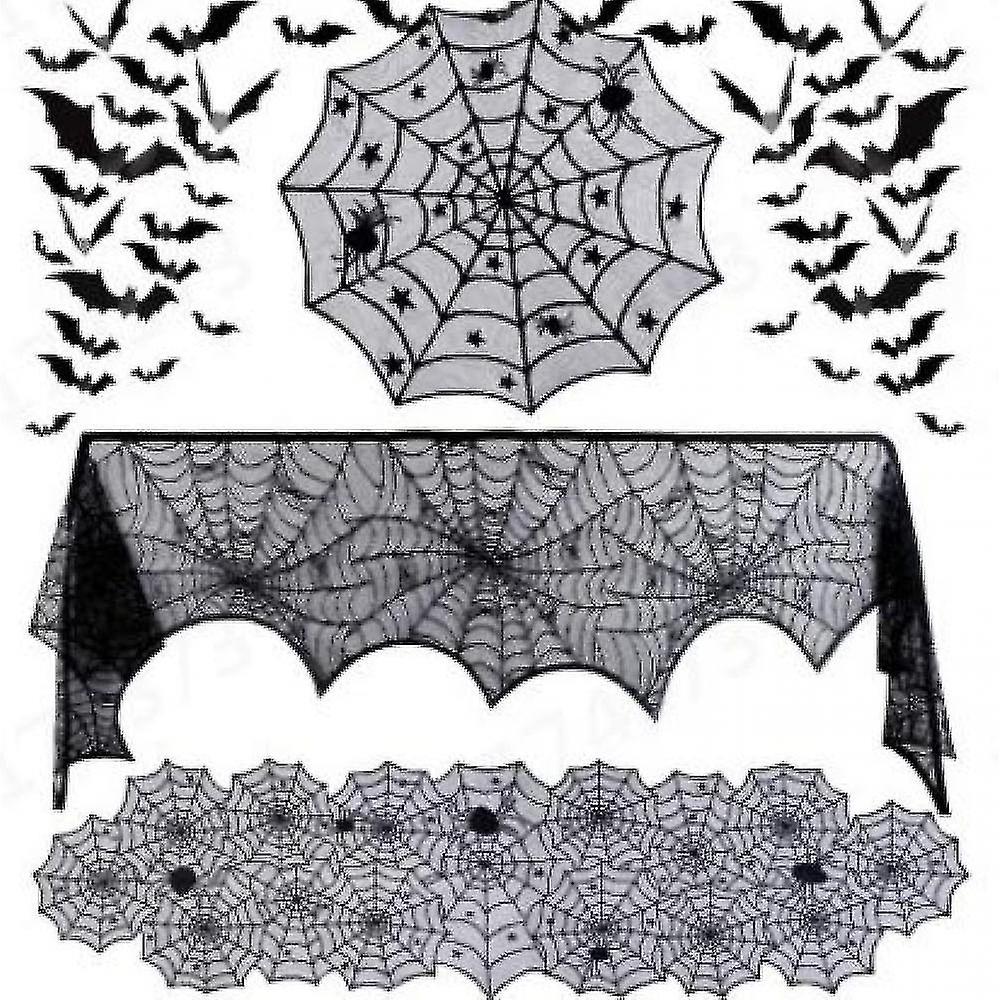 Finials Halloween Decorations Tablecloth Runner Black Lace Round Spider Cobweb Table Cover 4pcs