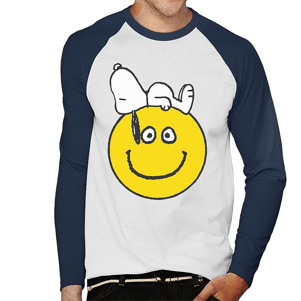 Peanuts Snoopy Lying On A Smiley Face Men's Baseball Long Sleeved T-Shirt