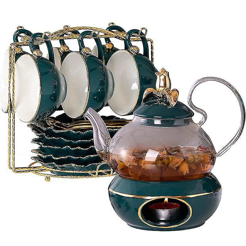 Glass Teapot And Ceramic Green Lid Heat Candle Holder Teapot Set (6 Cup And Teapot Set)
