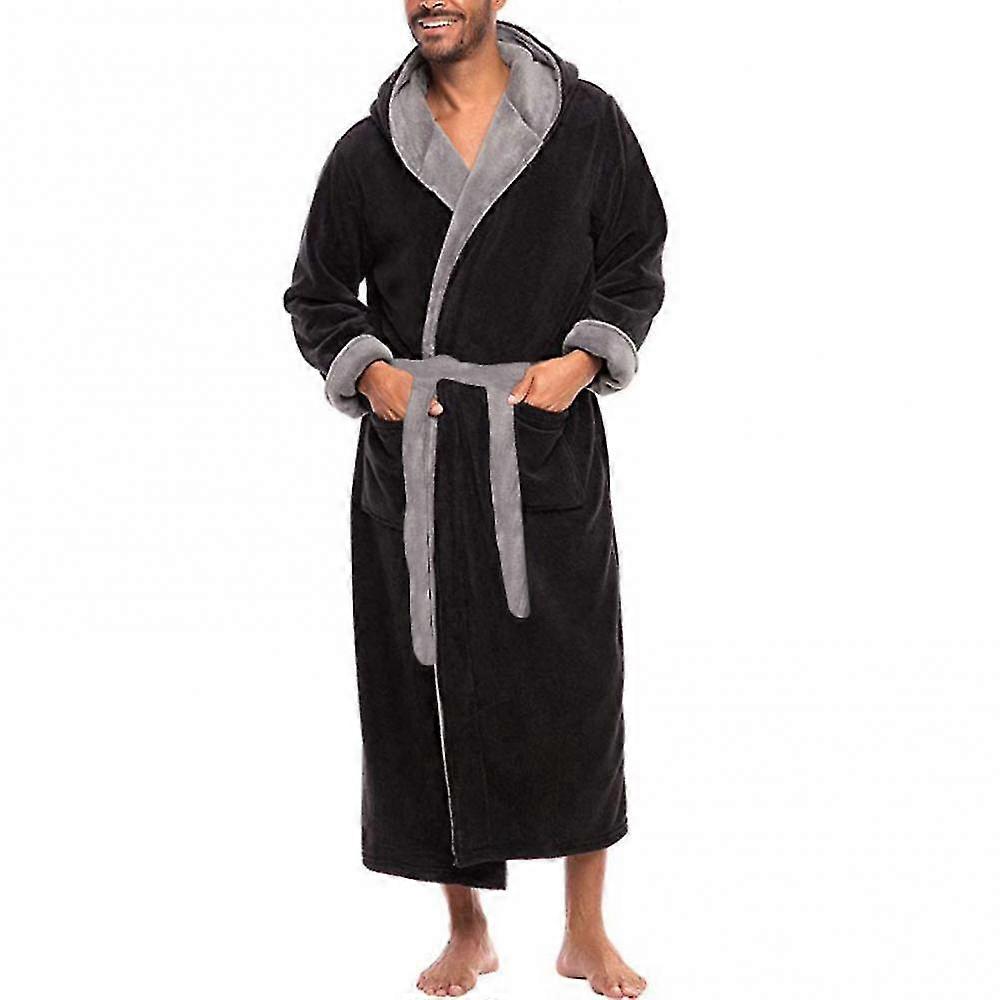 Pockets Soft Men Coral Fleece Color Block Long Bath Robe Home Gown Sleepwear-YuJia