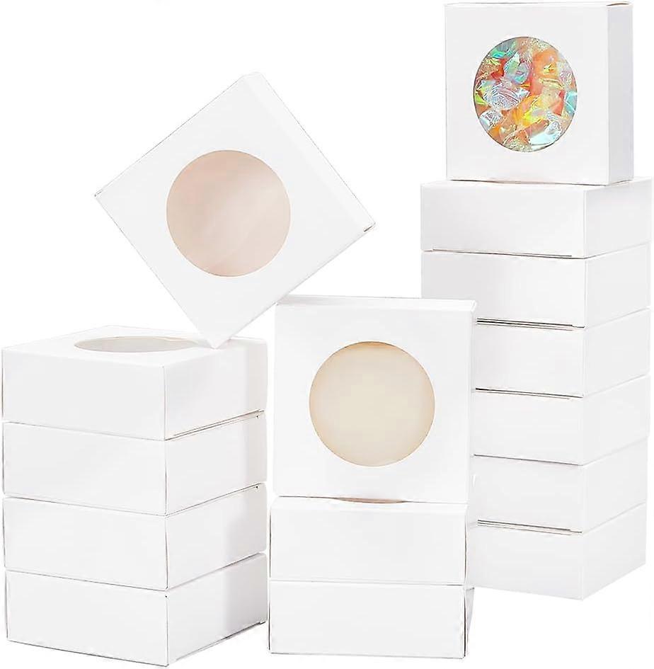 24 Packs 3.15x3.15x1.2 Inch Square Paper Boxes with Round Window White Kraft Bakery Boxes Gift Packaging Boxes for Dessert Cake Candy Muffin Donut Mac