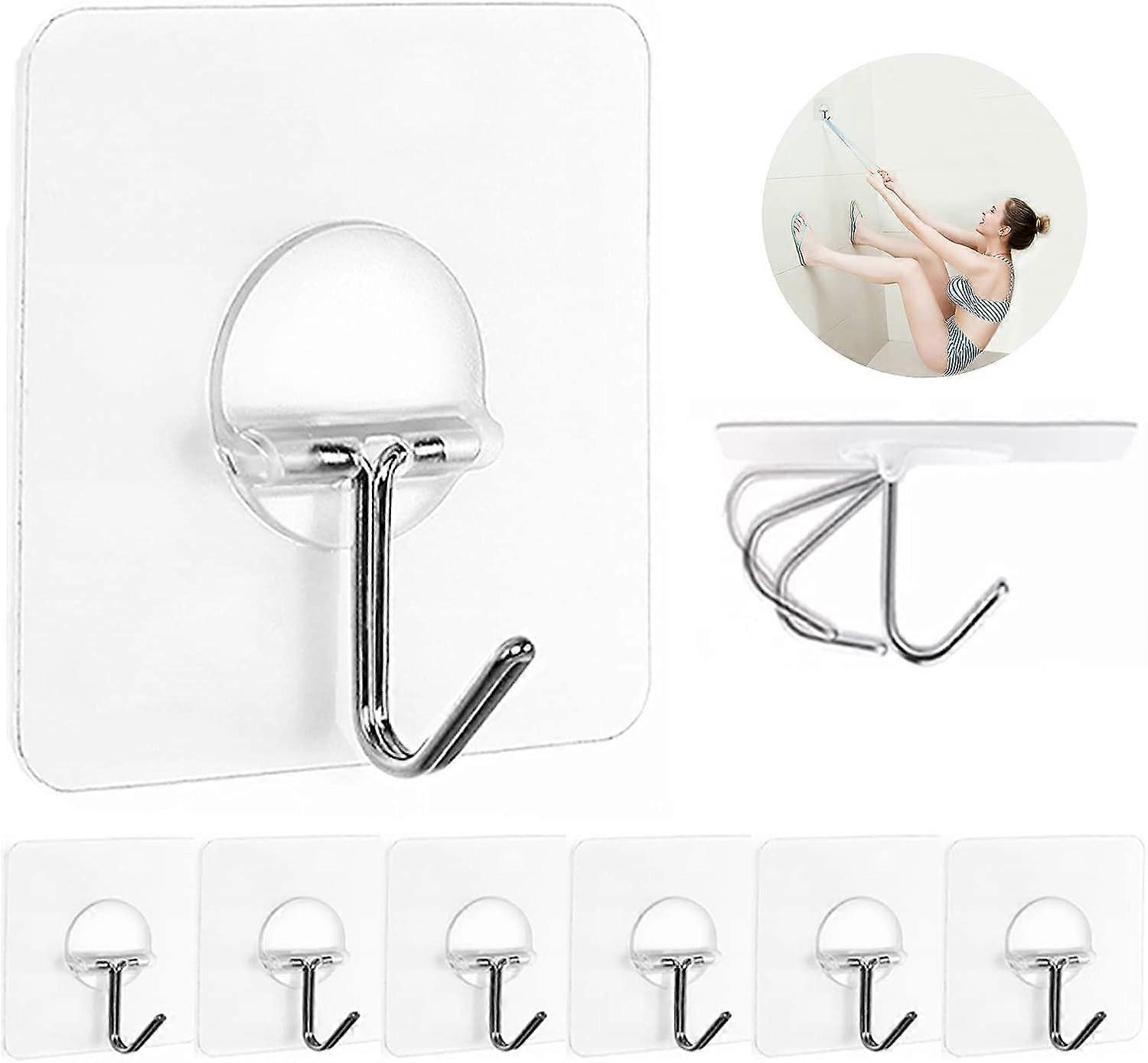 Wall Hooks 13 lbs (max) Clear Reusable Seamless Hooks, Water and Oil Resistant, Bathroom Kitchen Heavy Duty Self-Adhesive Hooks, Pack of 8