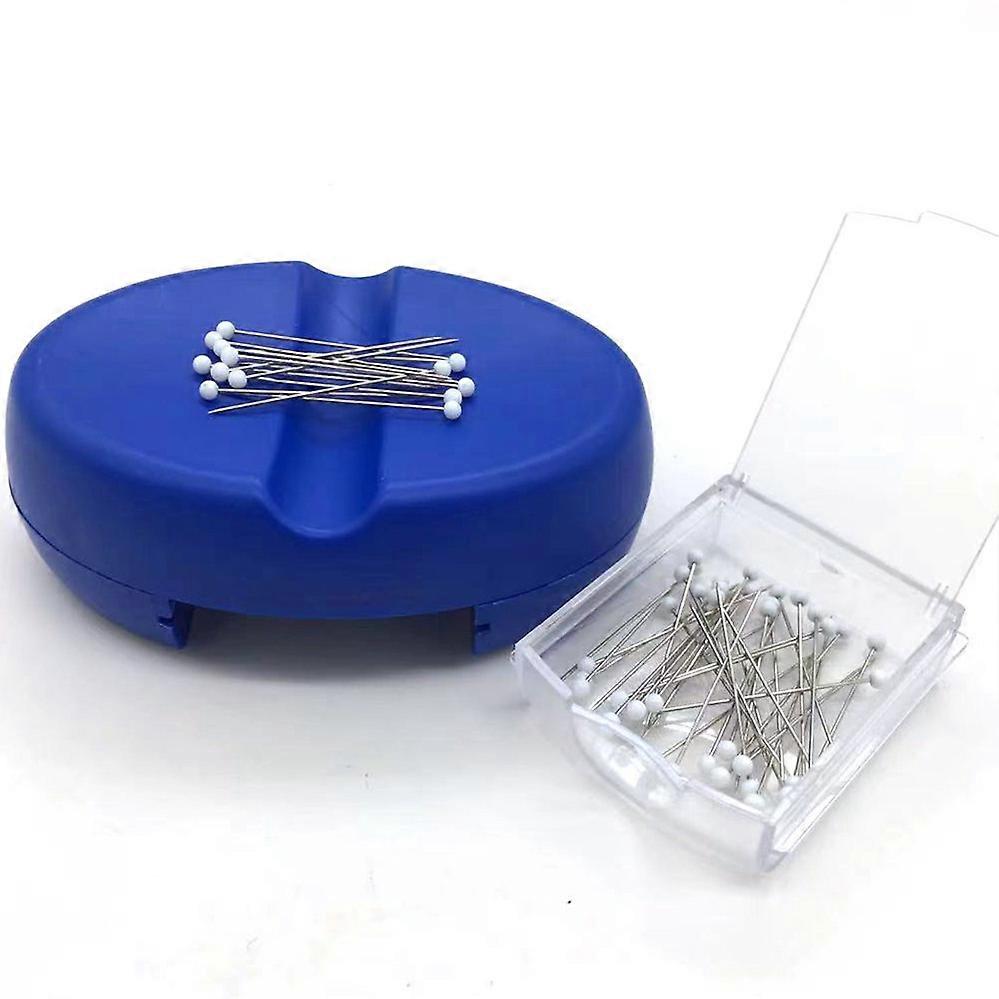 Magnetic Cushion with Drawer - Dark Blue - Powerful Magnetic Sewing Pin Holder - 50 Glass Headed Pins Included - Chic Basket for Sewing Pins, Paper Cl
