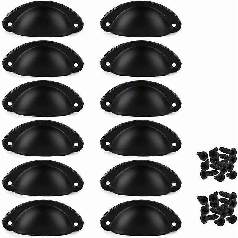 Set of 12 Seashell Cup Pulls, Round Kitchen Cabinet Door Knobs, Drawer Pulls, Black