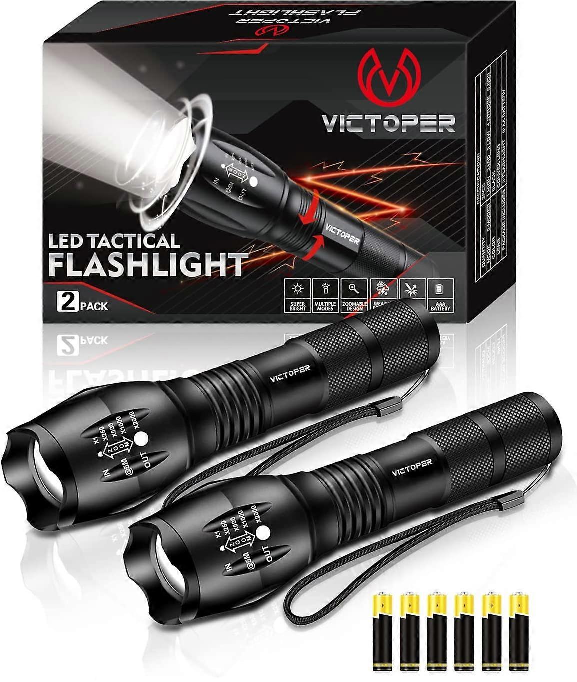 LED Flashlight 2 Pack, Bright 2000 Lumens Tactical Flashlights High Lumens with 5 Modes, Waterproof Focus Zoomable Flash Light, Portable Flashlight fo