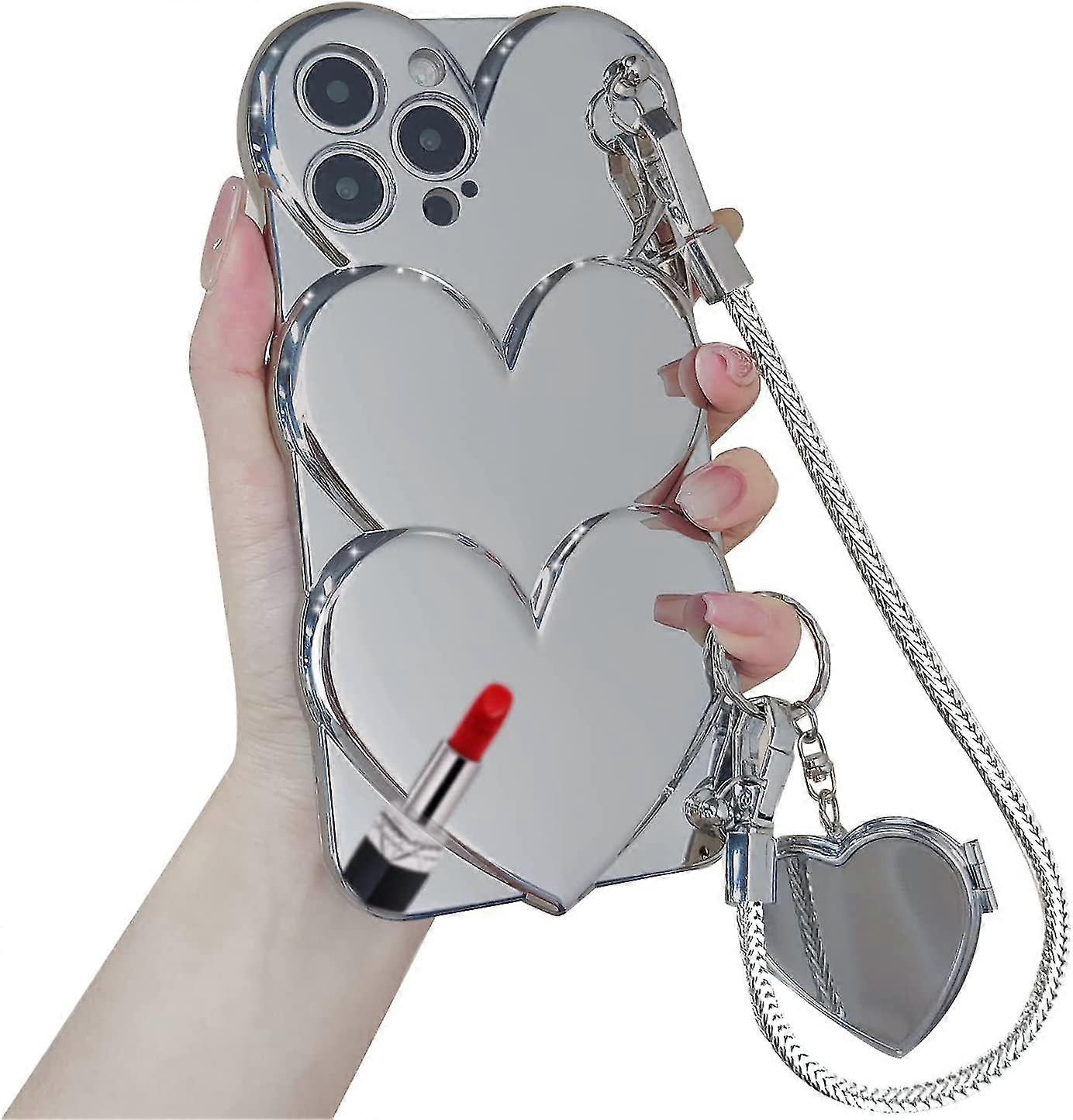 3d Heart Case Compatible With Iphone 14 Pro Max/14 Pro/14 Plus/14, Luxury Plating Soft Tpu Cover With Chain And Love Mirror