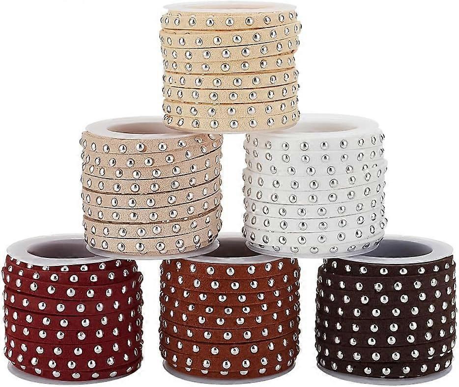 32 Yards 6 Colors Faux Suede Cord 5mm Leather Ribbon Strip Leather String Cords Lace Rope Trim Beading String Cord with Silver Punk Rivet for Necklace